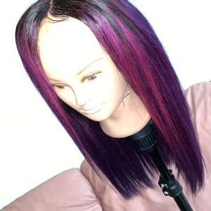 Dark purple closure wig with hot purple streaks